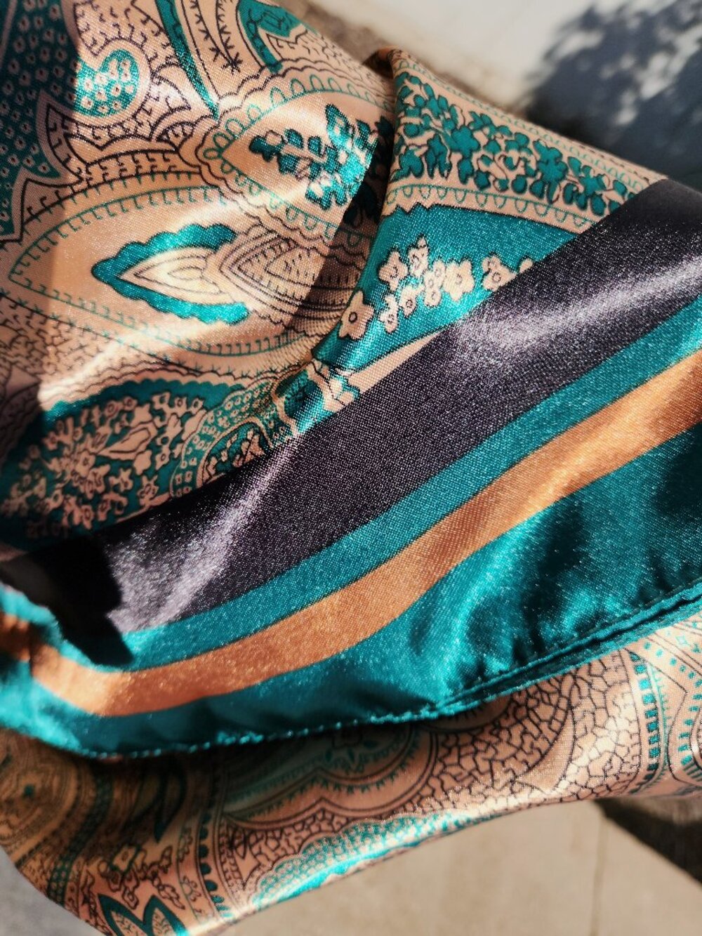 TEAL Black & Copper Paisley Poly-Silk 36” Square SCARF WIld Rag New ORNAMENTS